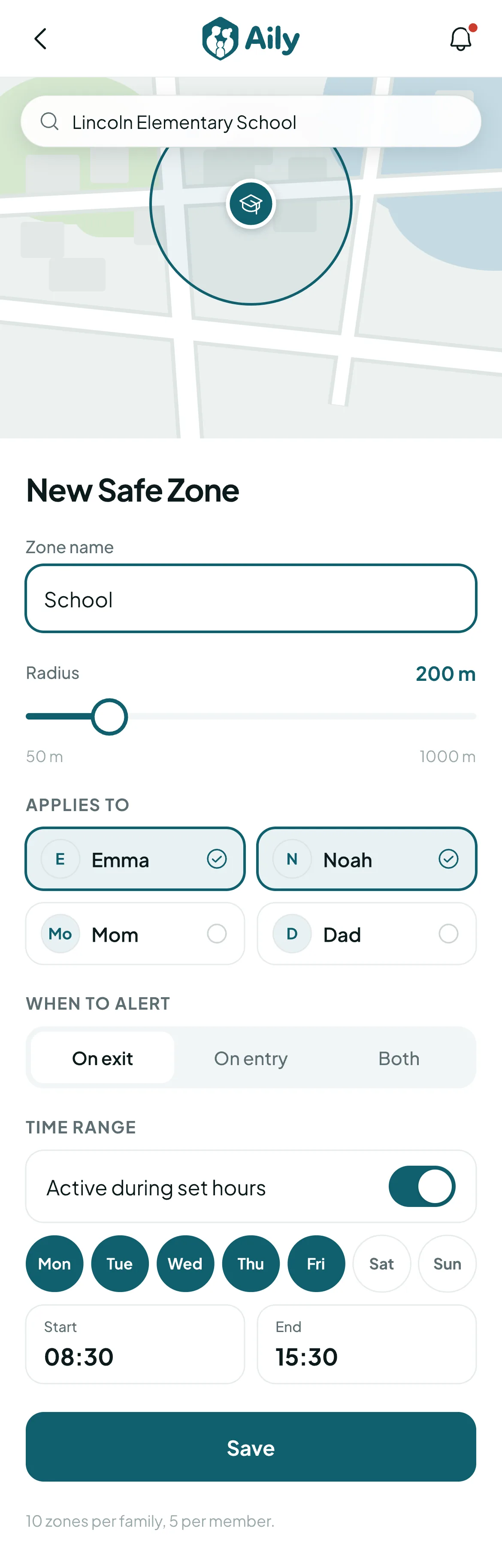 Safe zone setup screen